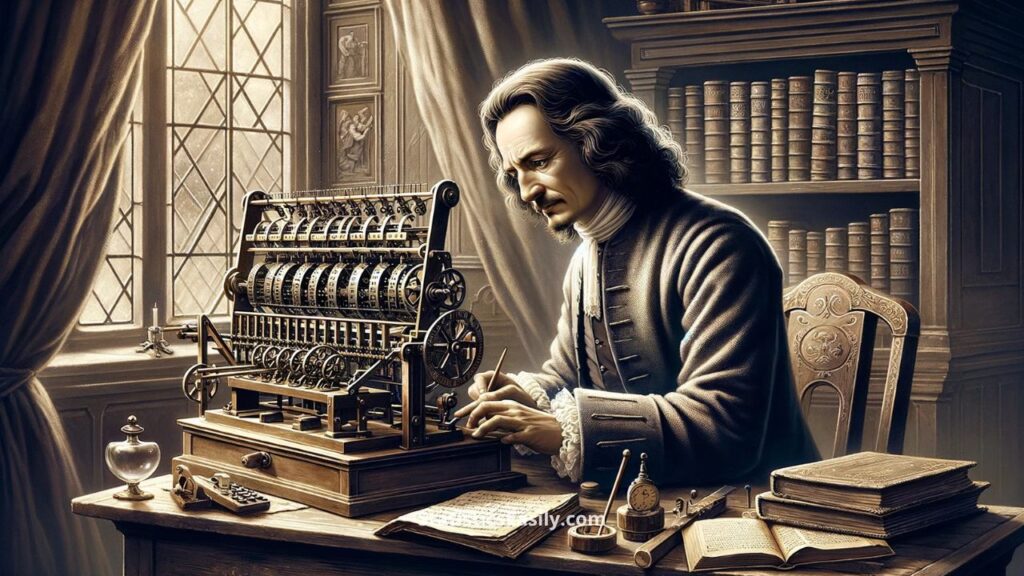 Blaise Pascal working on the Pascaline in the 17th century